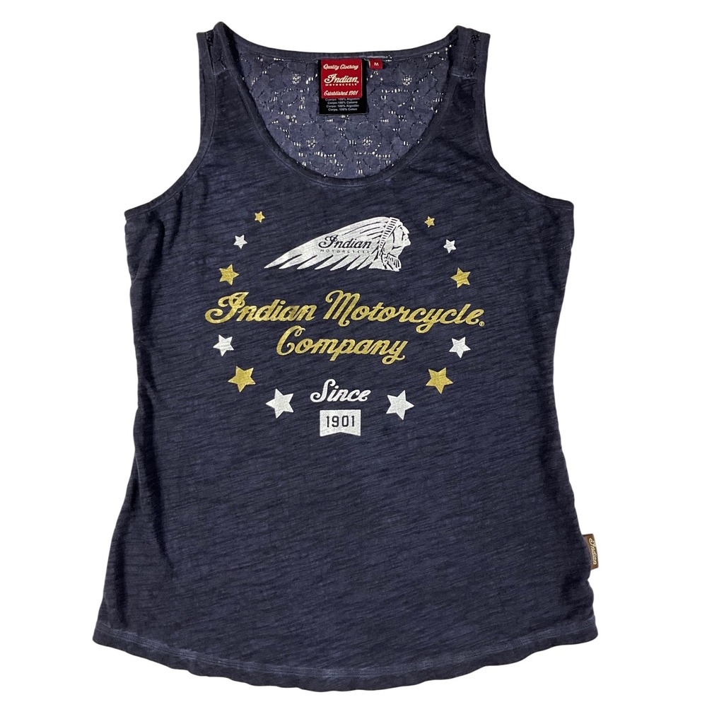 Indian Motorcycle Tank Top Womens Medium Navy Blue Gray Lace Back